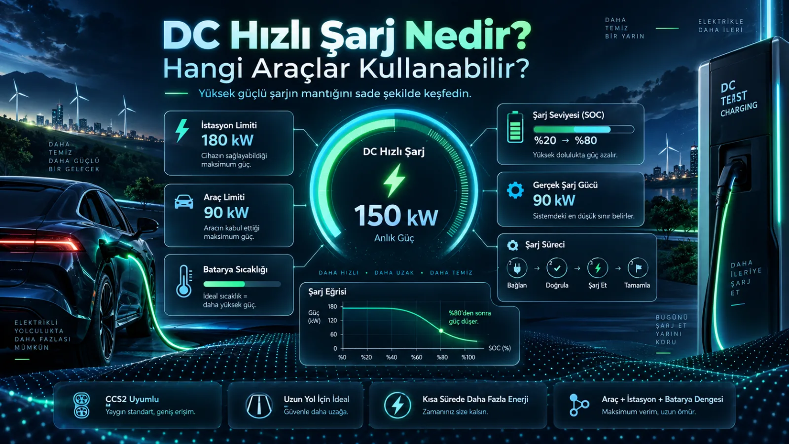 İstasyonun maksimum gücü ile aracın gerçek şarj gücü aynı şey değildir.