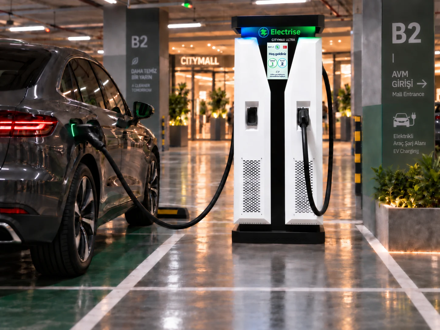 Electrise charging station with new screen interface and an electric vehicle in a mall parking garage