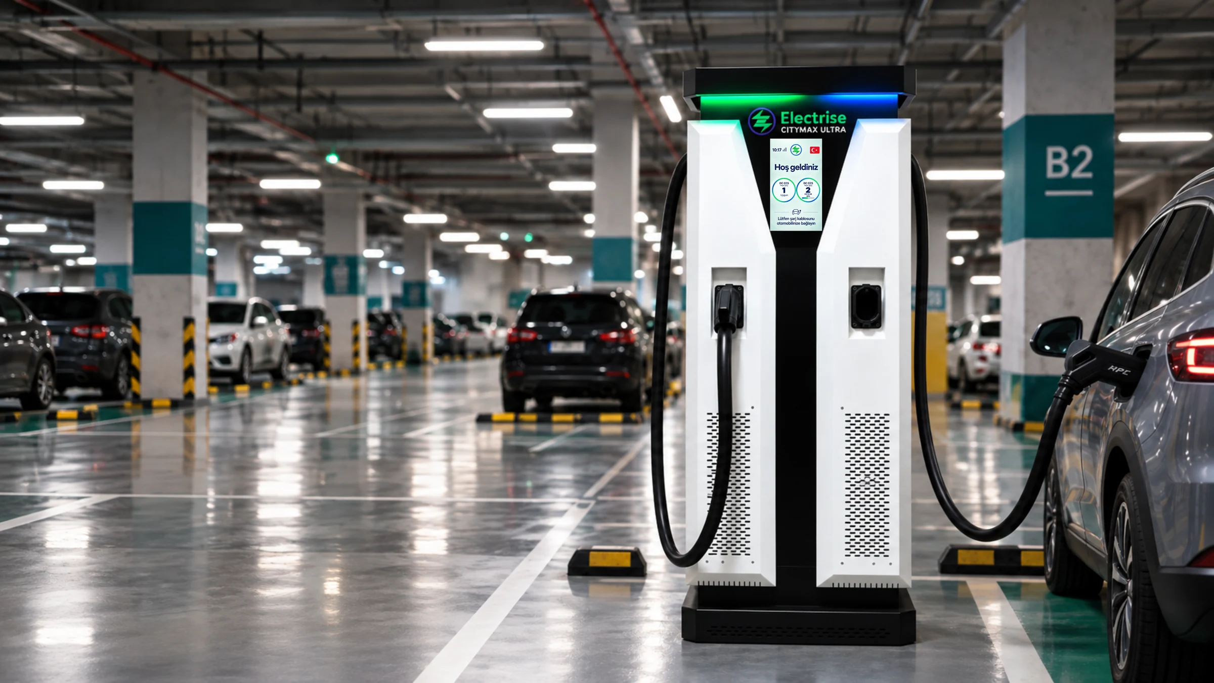 Electrise DC charging station with new screen interface in an indoor car park