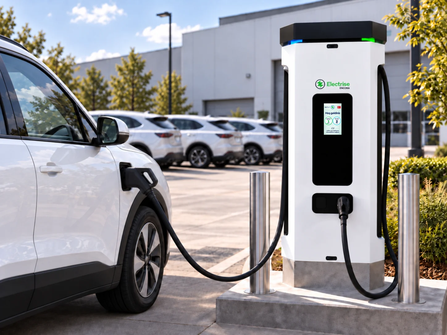 Electric vehicle and Electrise DC charging station in a fleet parking area