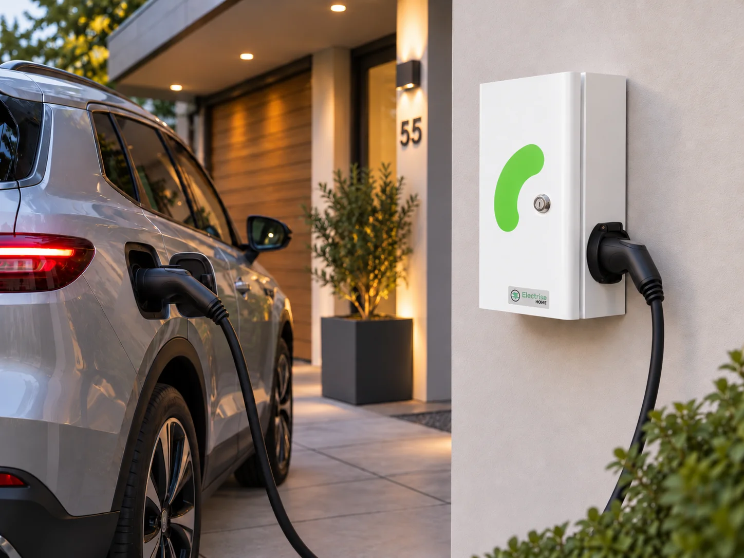 Electric vehicle and wall-mounted Electrise AC charger in a detached home parking area