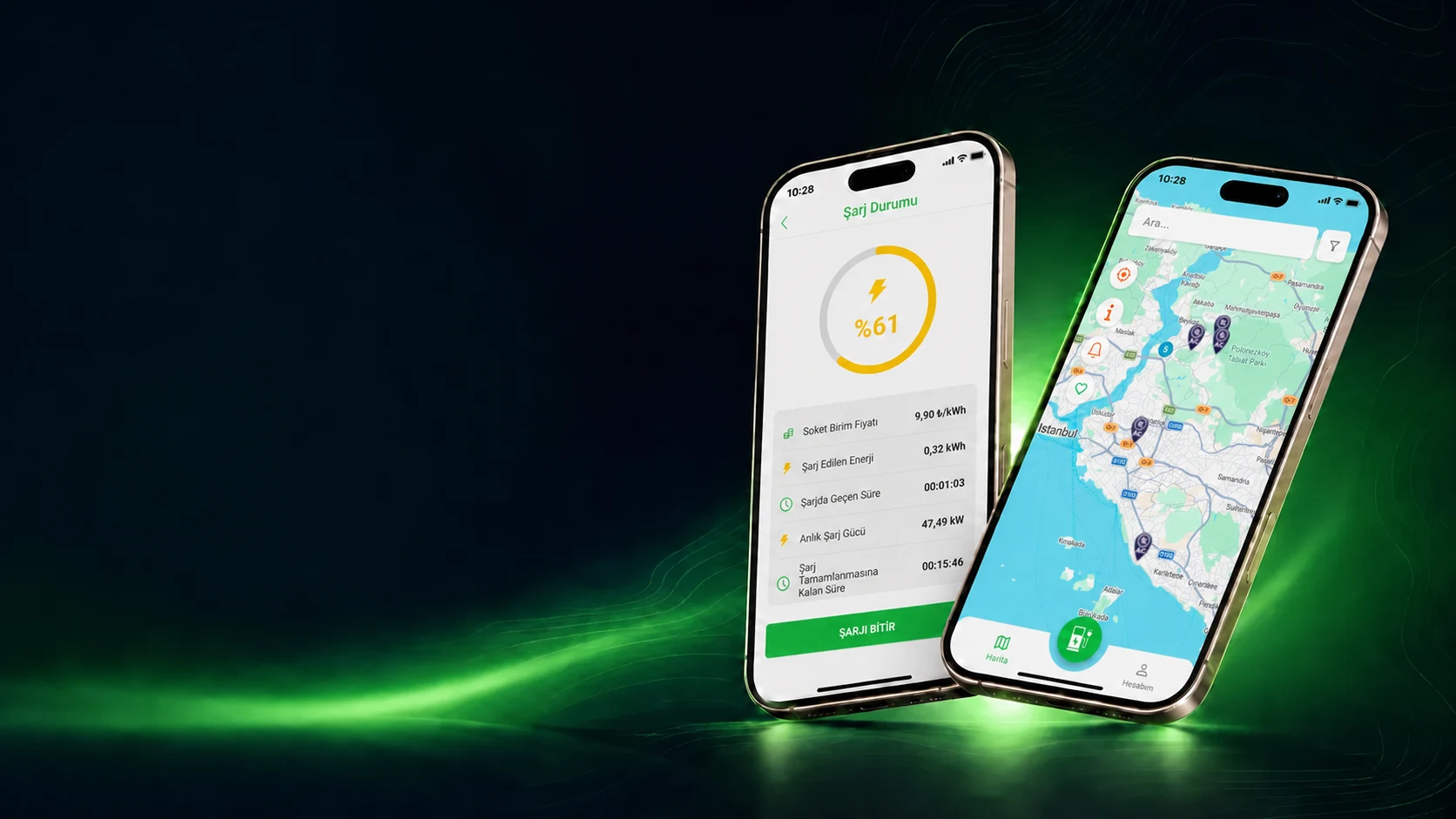 Electrise mobile app charging status and station map screens